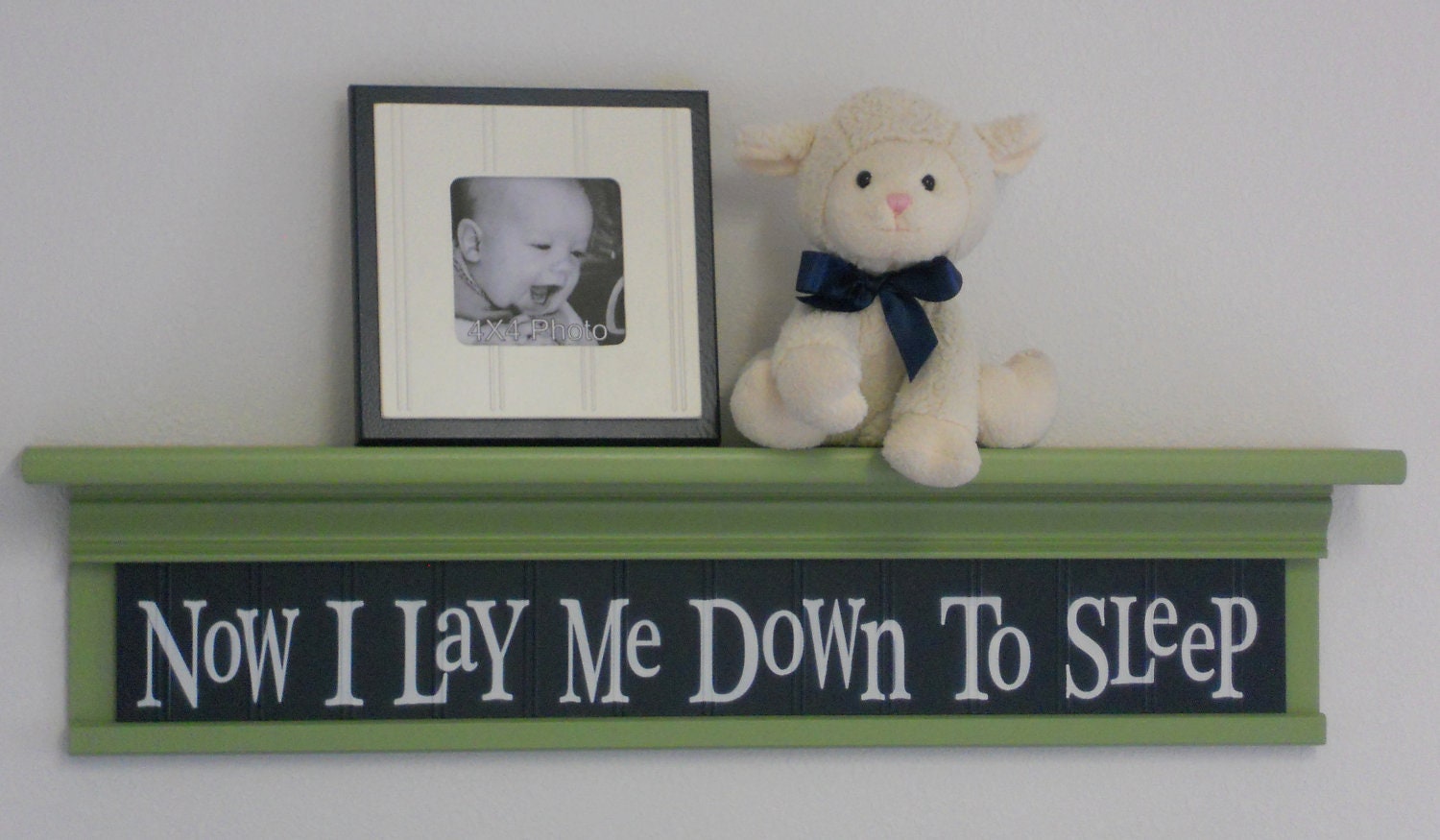 Green Wall Shelves for Nursery - Now I Lay Me Down To Sleep - Sign on 30" Green Shelf  with Navy Blue Quote.