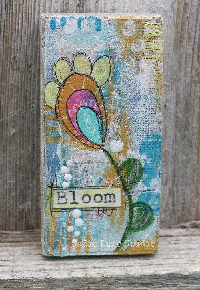 Bloom Art Magnet - Original Mixed Media on Wood - Hand Painted, Flower Art Magnet, Blue, Orange