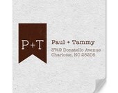 Custom Address Rubber Stamp With Two Letter Reversed Out Monogram And Banner Graphic
