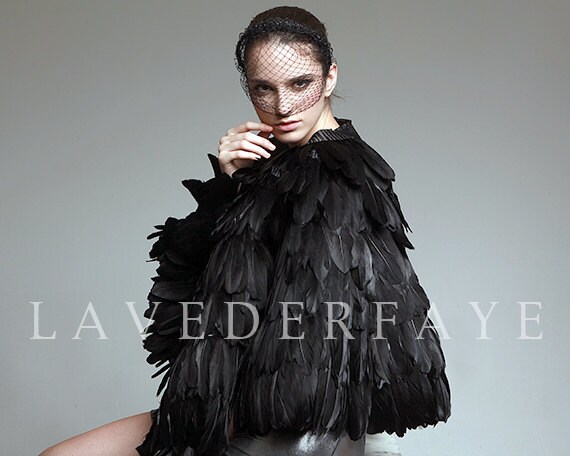 Couture Black Goose Feather Cape Wrap - Laveder Faye
