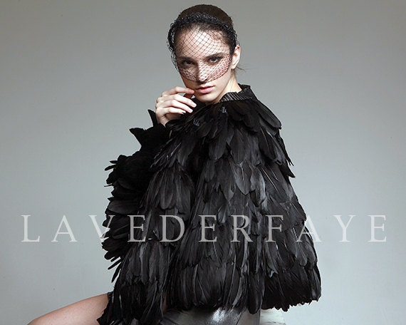 Couture Black Goose Feather Cape Wrap - Laveder Faye