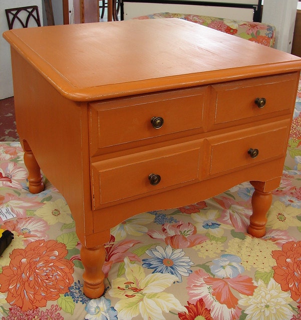 Upcycled Reclaimed Vintage 2 Dr Tudor Turned Pumpkin Painted Nightstand End Accent Side Table Chest - ON SALE ITEM