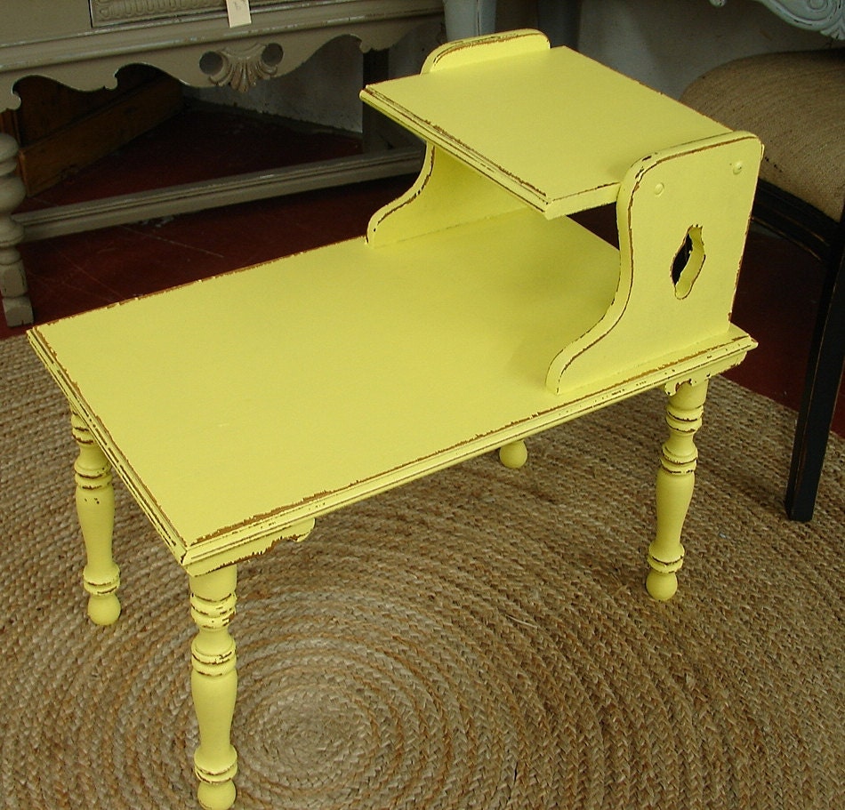 Antique Reclaimed Vintage Distressed Yellow Paint Side Accent Table
