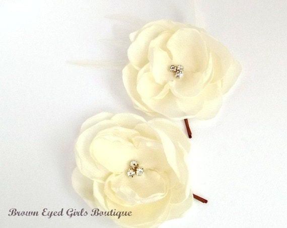 Cream Bridal Flower Hair Clip Duo, Wedding Hair Accessory, Bobby Pin, Fascinator, Shantung, Pearl Beads, Bridal Head Piece