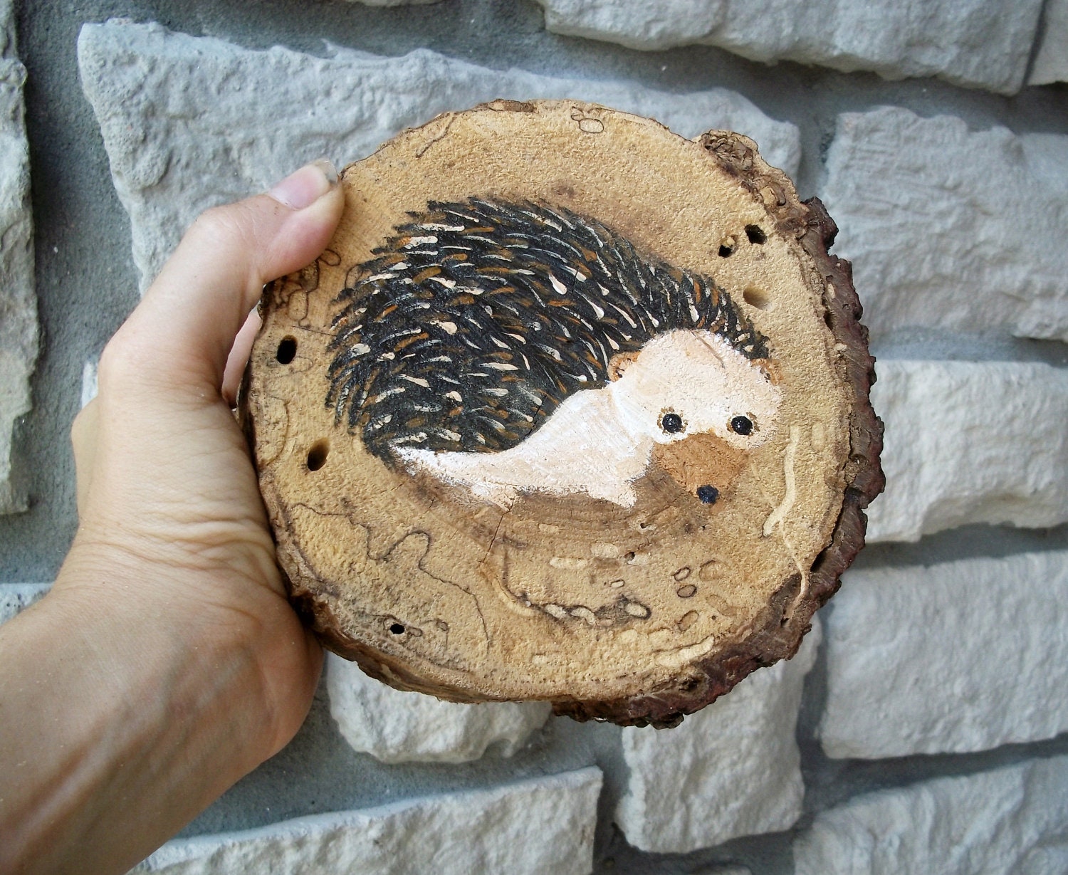 Hedgehog Wood Painting / Rustic Lodge, Cabin Decor / Shabby Chic Folk Art
