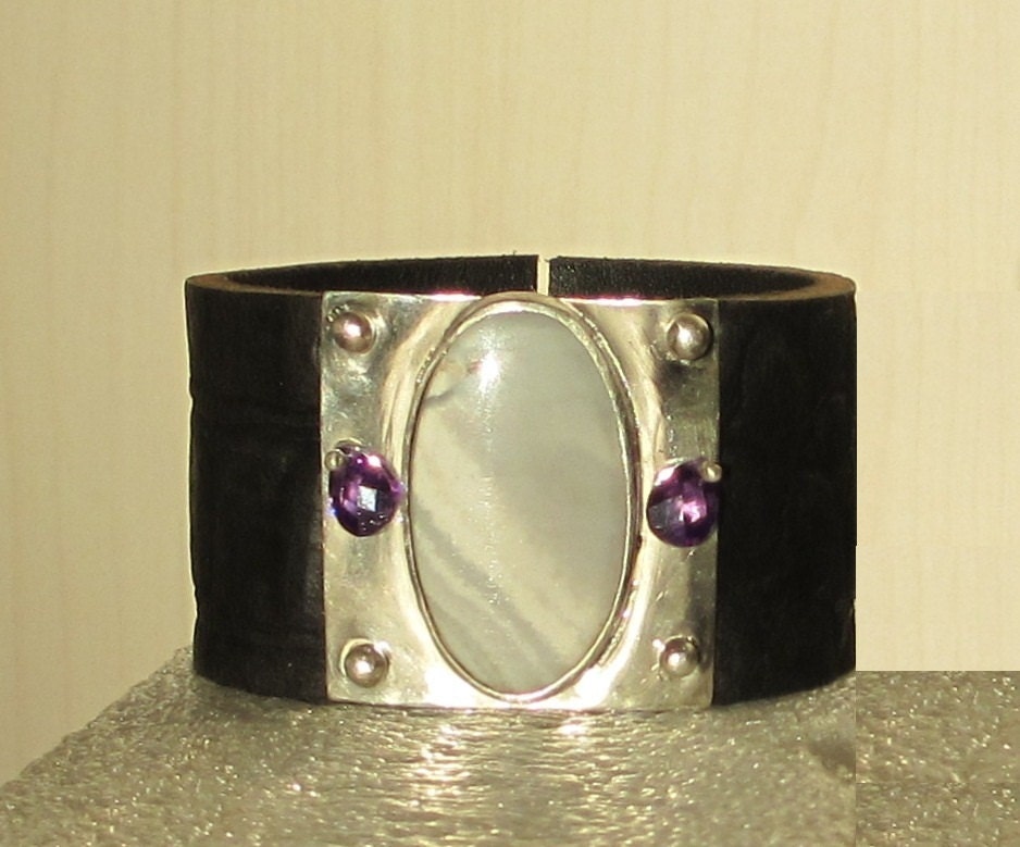 Croco leather cuff sterling silver - banded agate bracelet
