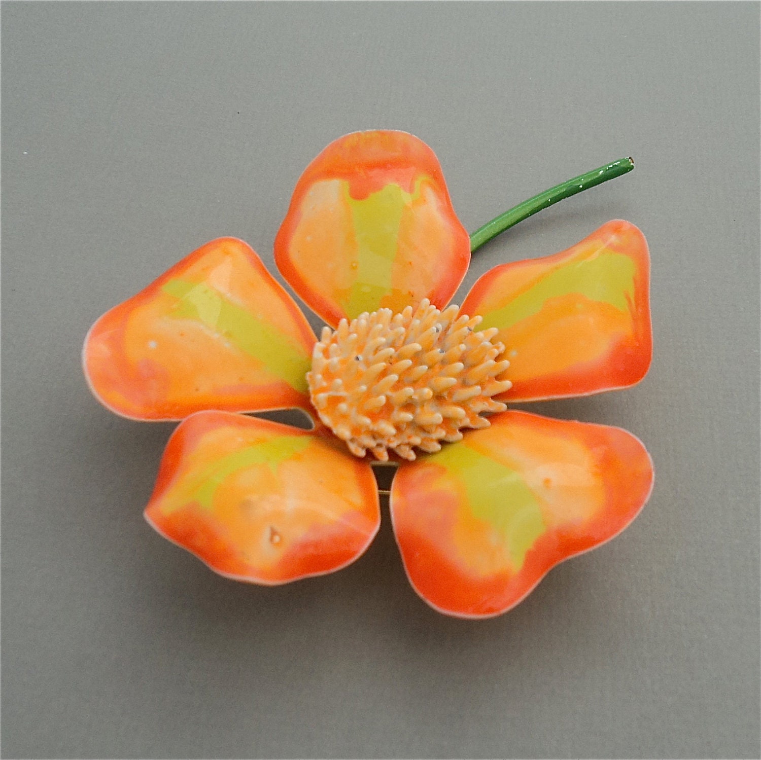 RESERVED LISTING Large Vintage ENAMEL Flower Brooch 1960s Groovy Hippie Chic Flower Power Brooch Orange Yellow Chartreuse Textured