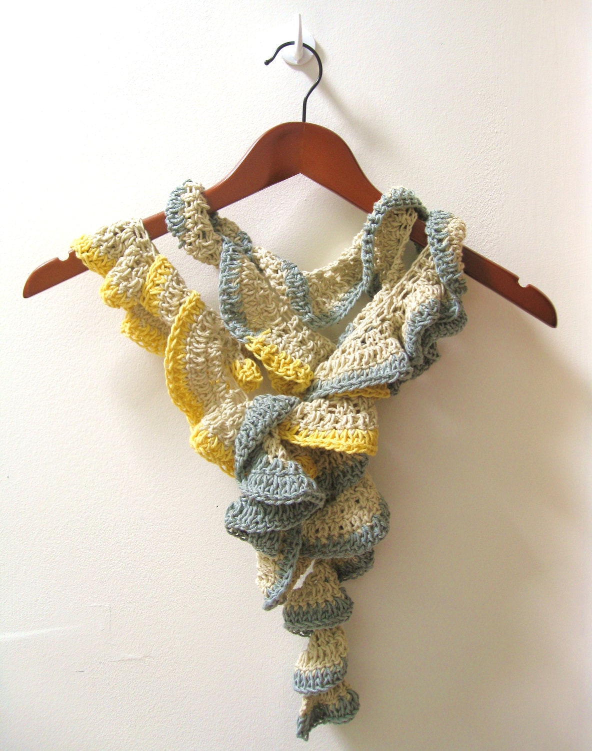 Ruffle Scarf - Crochet Scarf - The Ruffle Scarf - Cotton Merino - Neutral Colorblock - One of a Kind - meganEsass