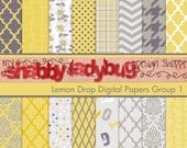 Lemon Drop Digital Paper Collection Group 1: 16 Individual 12x12" 300 dpi digital scrapbook papers greys, yellows, white, citrine