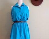 Summer Sleevelss Shirtdress in Turquoise Blue //  Vintage Sundress