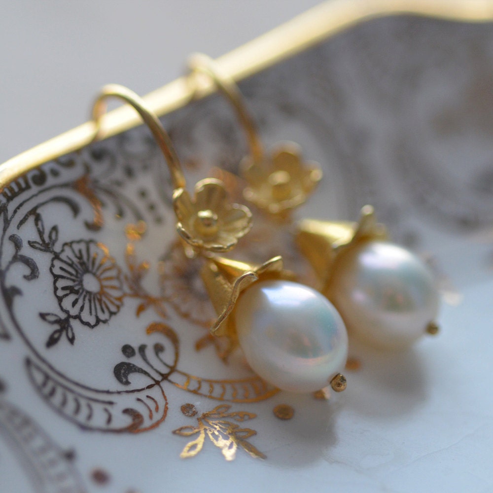 Pearl Earrings Flowers Delicate Gold Vermeil White Fresh Water Pearl  Weddings Brides Bridesmaids Graduation Prom  Black Tie