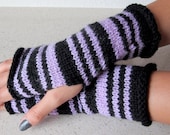 Black and purple superwash wool striped handwarmers