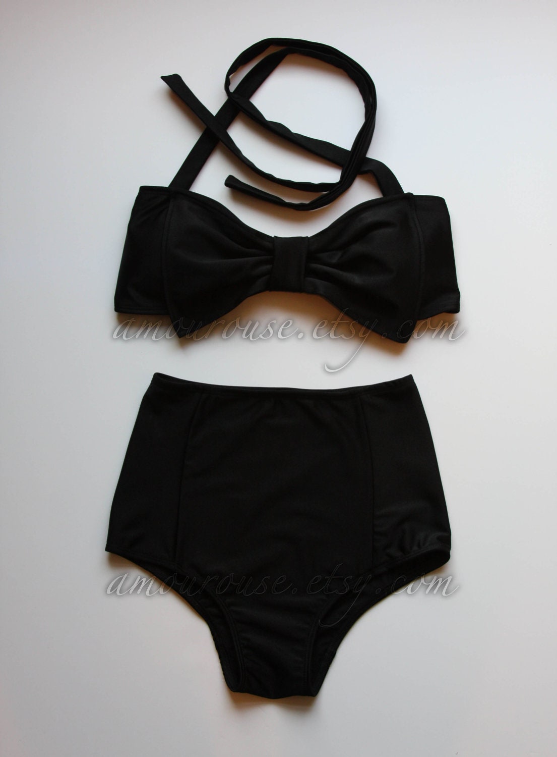 Black Lycra Swim Fabric Bow Bandeau with Padding and High Waist Bottoms