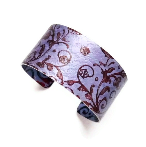 Aluminium cuff bracelet, purple, textured, stamped, hand painted