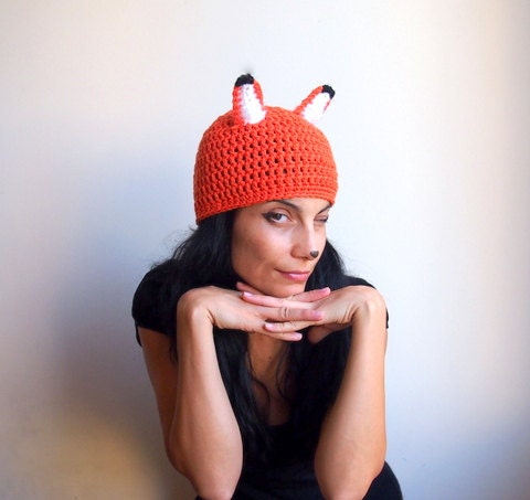 Fox hat - adult costume halloween tangerine white black animal  beanie