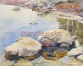 Lake Rocks Reflection ORIGINAL Watercolor Landscape Painting North California by Olena Baca SALE