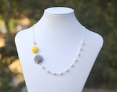 Dainty Grey and Yellow Roses and in White Swarovski Pearl Asymmetrical Floral Necklace.  Yellow and Gray Wedding Jewelry.