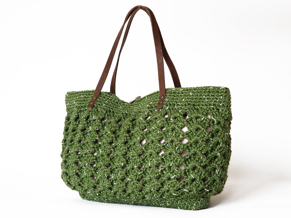 Green summer Handbag - Shoulder bag with Genuine Leather Straps