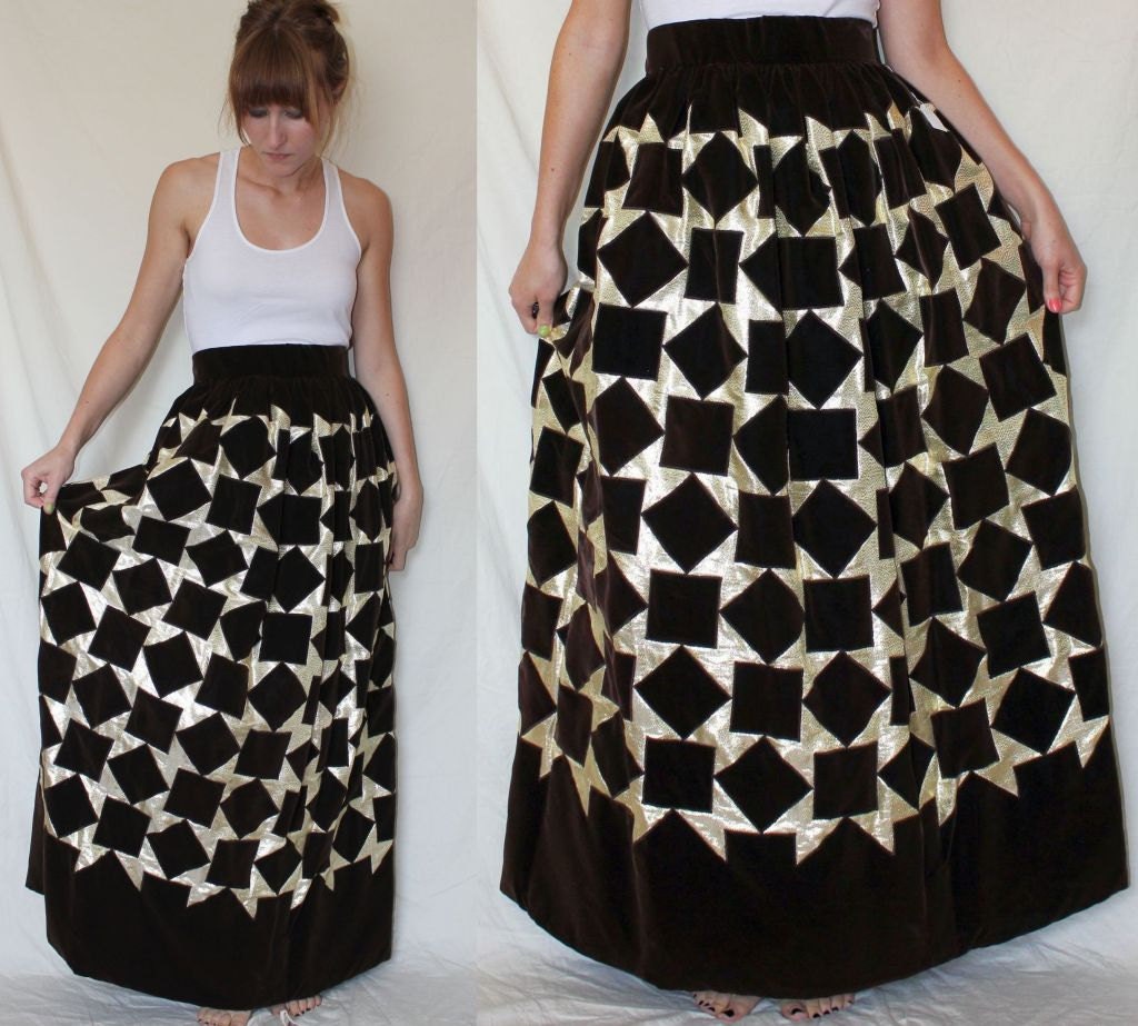 VINTAGE VELVET SKIRT brown & gold metallic maxi c644