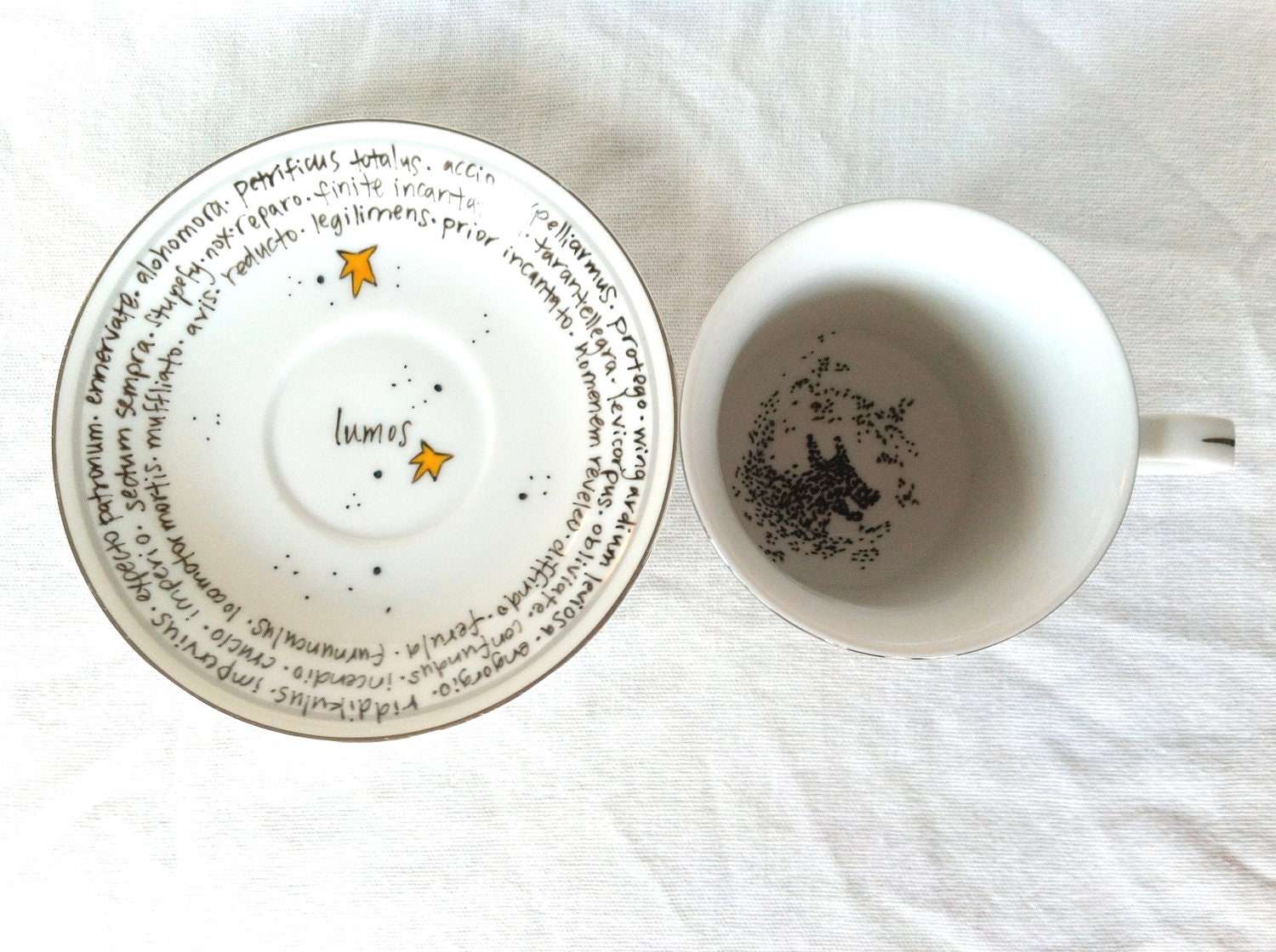 The Grim Teacup - "You need your Inner Eye Tested" Ron Weasley quote - hand-painted teacup and saucer with tea leaves and spells