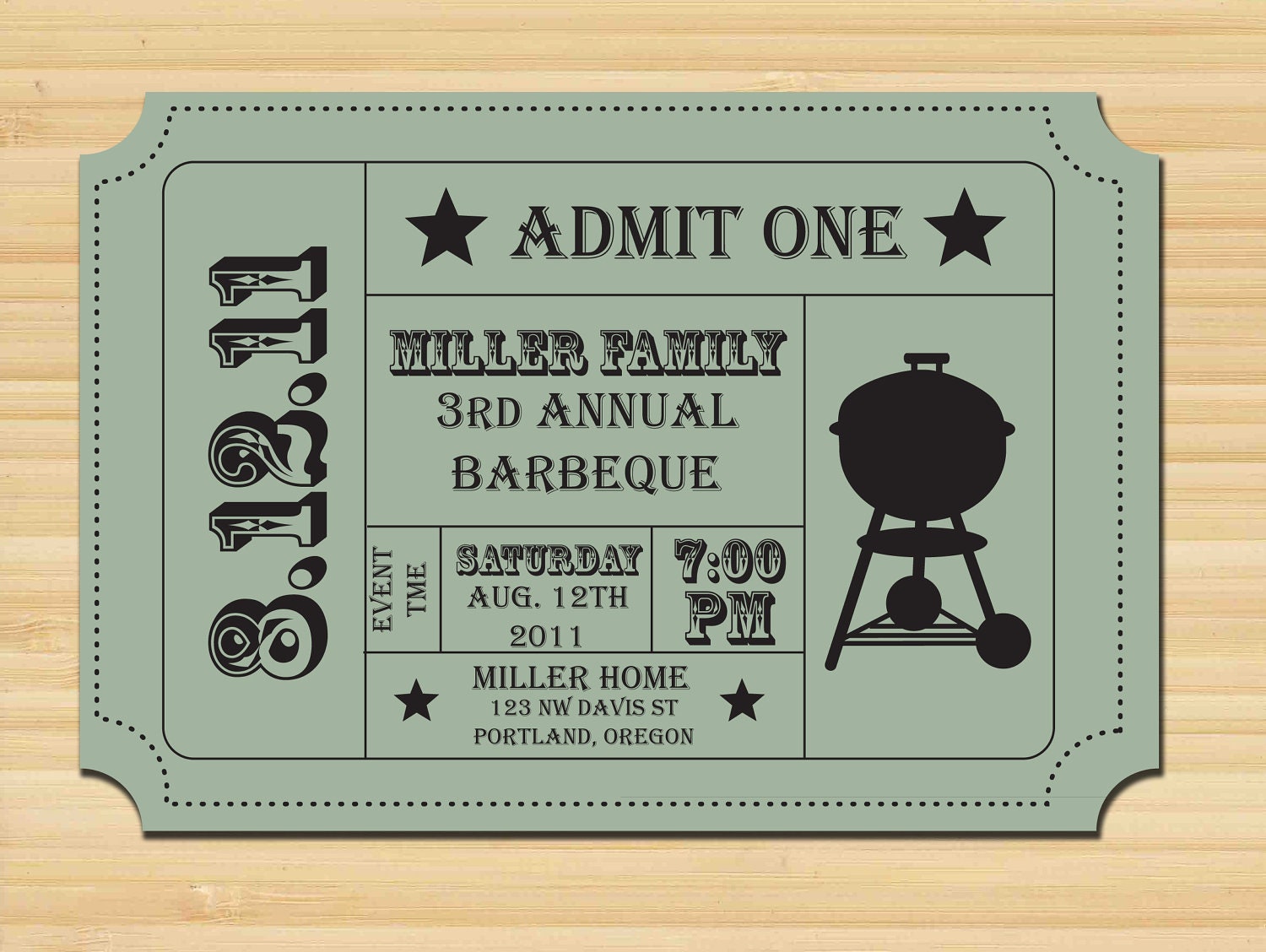 BBQ Backyard Barbecue Party Invitation- DIY Digital Printable File- Admission Ticket Stub