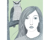 A4 Ink Drawing Illustration Folk Art Print Ink Art Woman With Owl Graphic Art Black And White Bird Green
