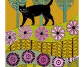 10" x 8" Art Illustration Print Black Cat In Garden Stylised Art Folk Art Drawing Yellow Purple Green