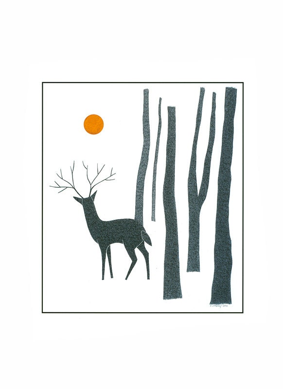 10" x 8" Drawing Print Art Pen And Ink Illustration Deer Forest Trees Detailed Artwork Stylised