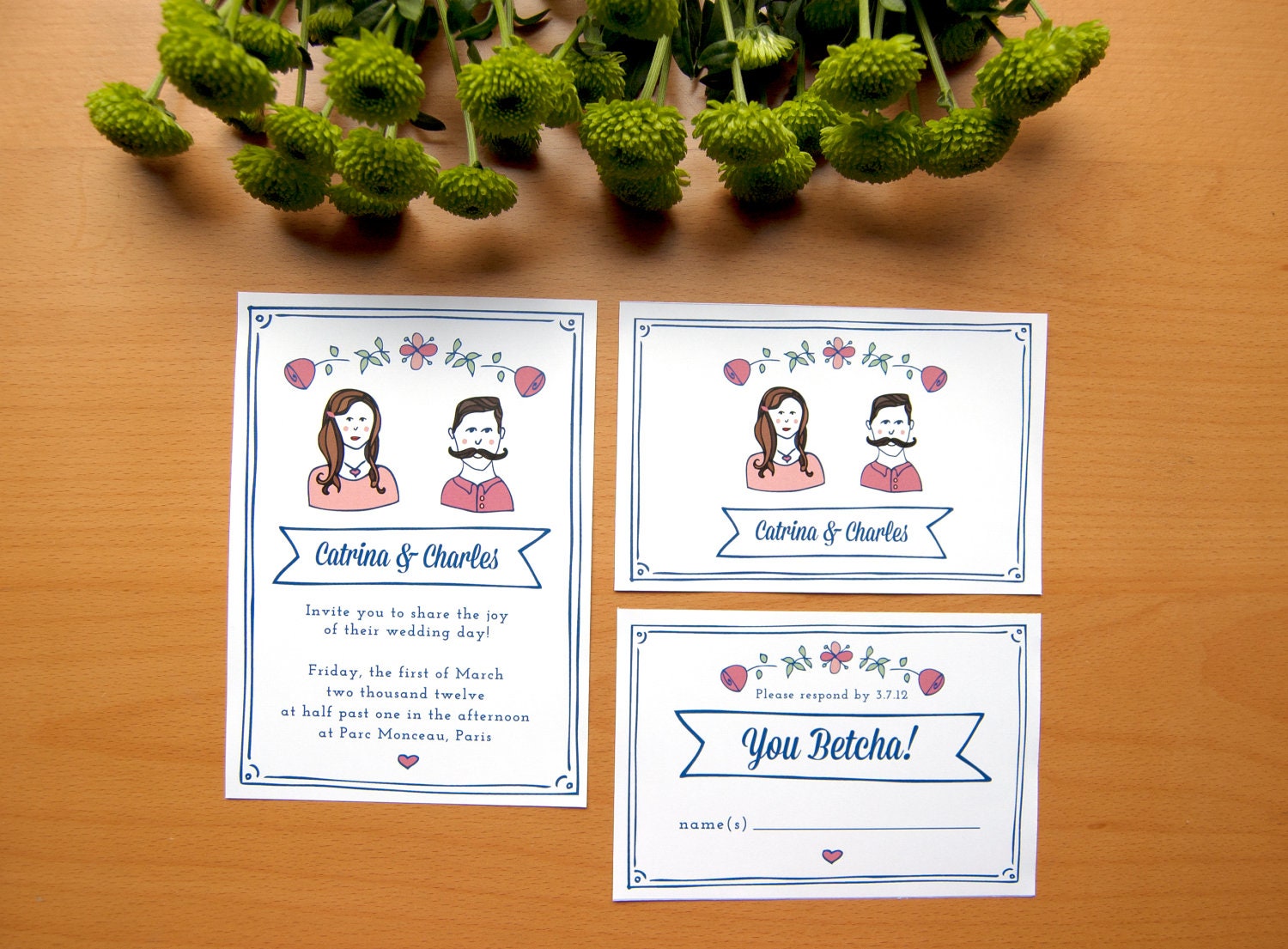 Rustic Wedding Invitation Suite With Bride And Groom Portraits & Floral Border