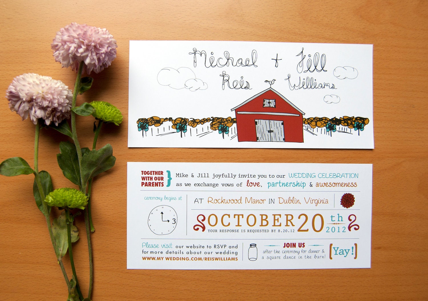 Rustic Wedding Invitation With Red Barn & Farm Ilustration