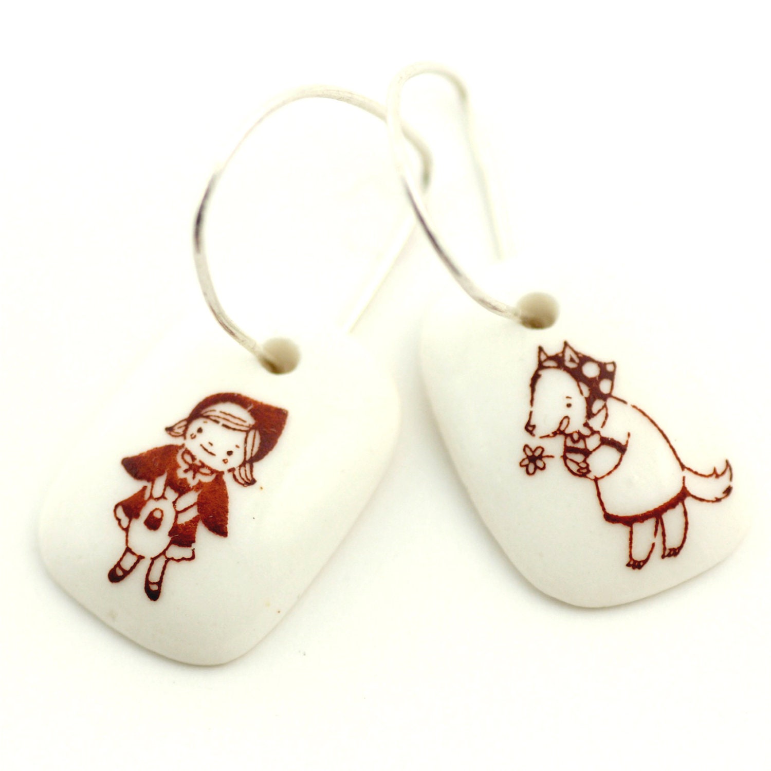 Little Red Riding Hood Earrings Porcelain White Handmade on 925 Sterling Silver  Hoops Fairy Tale