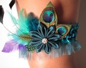 Wedding Garter, Prom Garter, Turquoise Garter, Zebra Garter, Peacock Garter, Teal Blue Garter, Kanzashi Flower, Feather Garter
