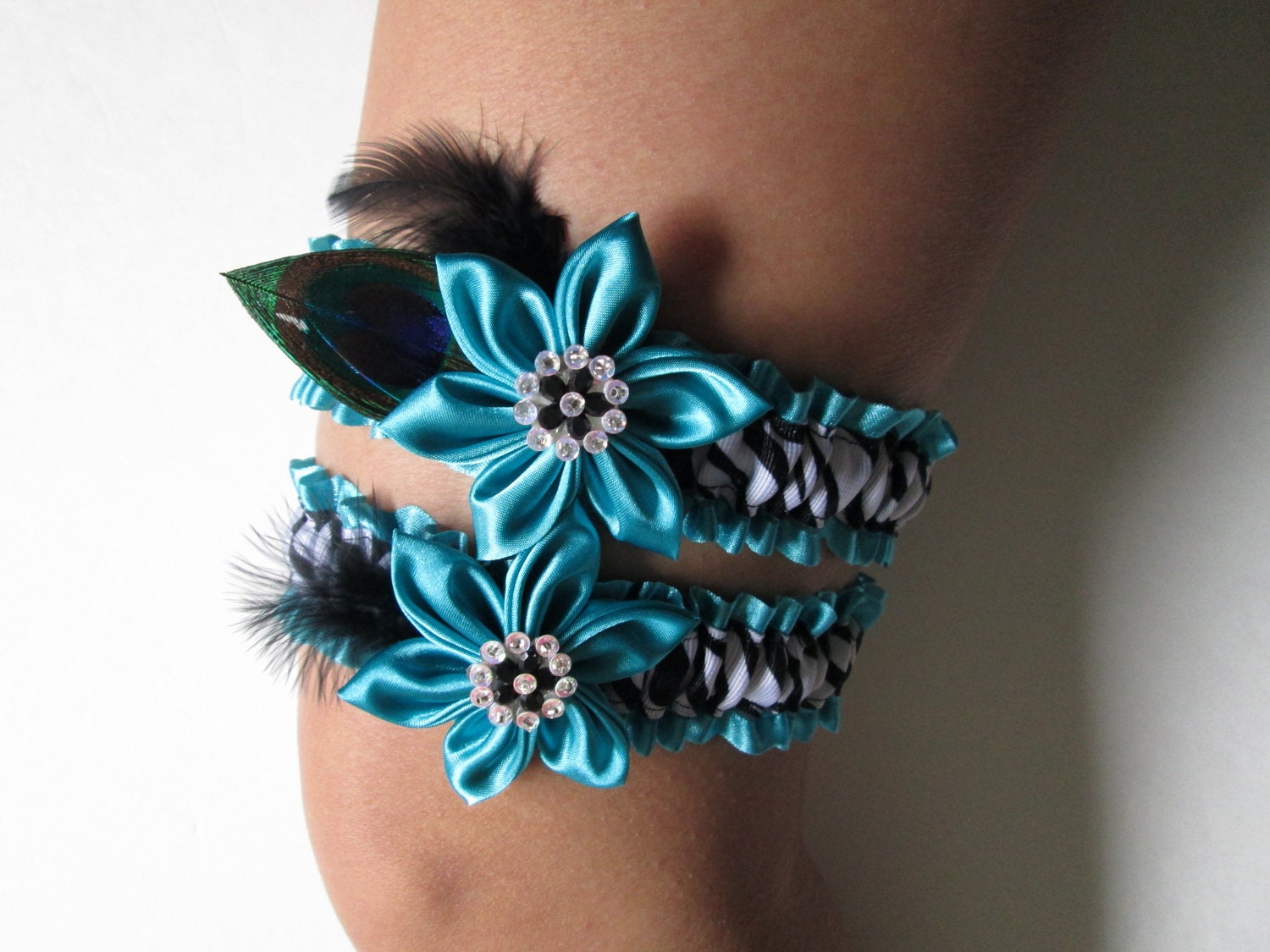 Wedding Garter, Prom Garters, Zebra Garters, Turquoise /Teal Blue Garters, Peacock Garter, Organza Garters, Kanzashi Flower