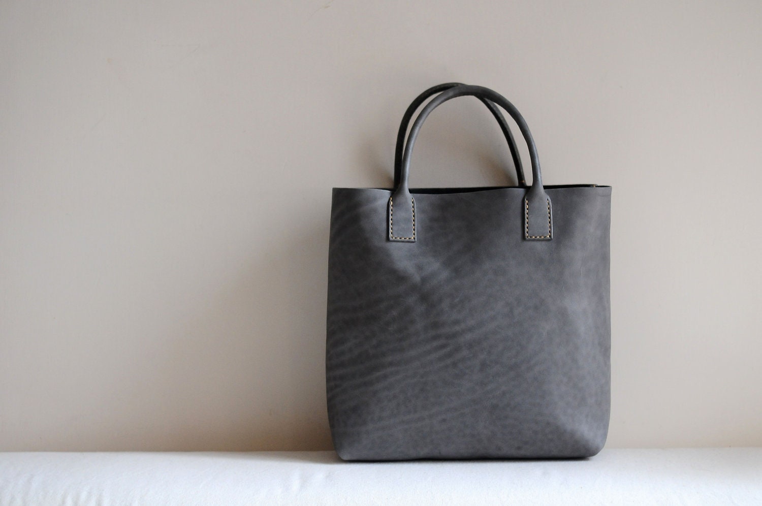 Hand Stitched Light Grey Leather Tote Bag