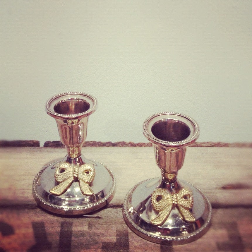 Vintage Silver Plated Candle Holders with Goldtone Bow