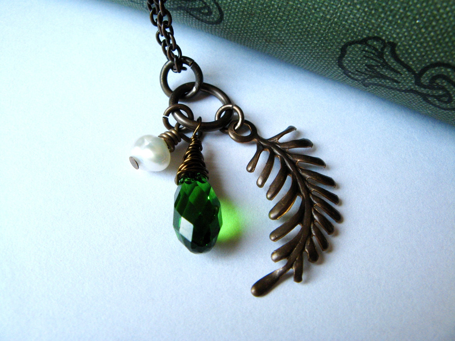 Fern Leaf Pendant with Green Crystal and Freshwater Pearl - Fall Jewelry - RachelRode