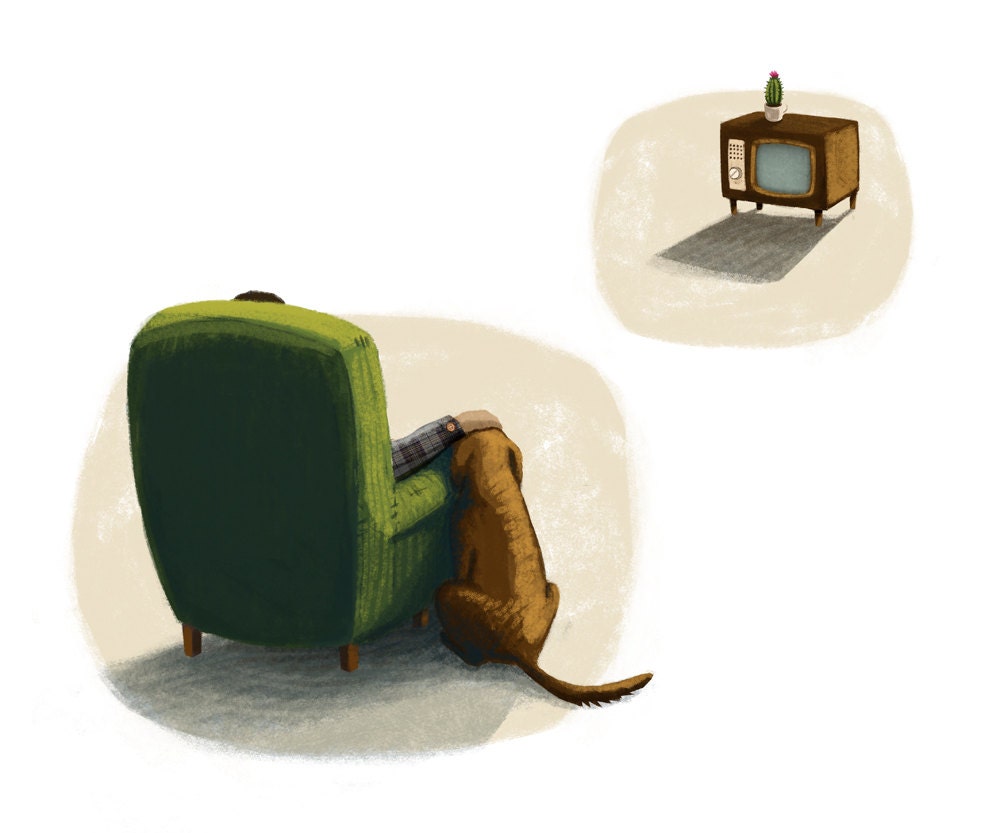 Man's best friend - sketch digitally coloured - Art Print - dog, TV, cactus