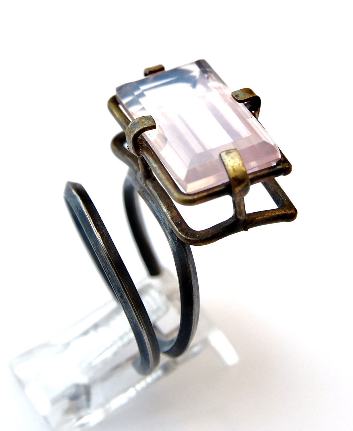 Silver & Brass Rose Quartz  Ring size 8 1/4 Adjustable OOAK Statement Ring