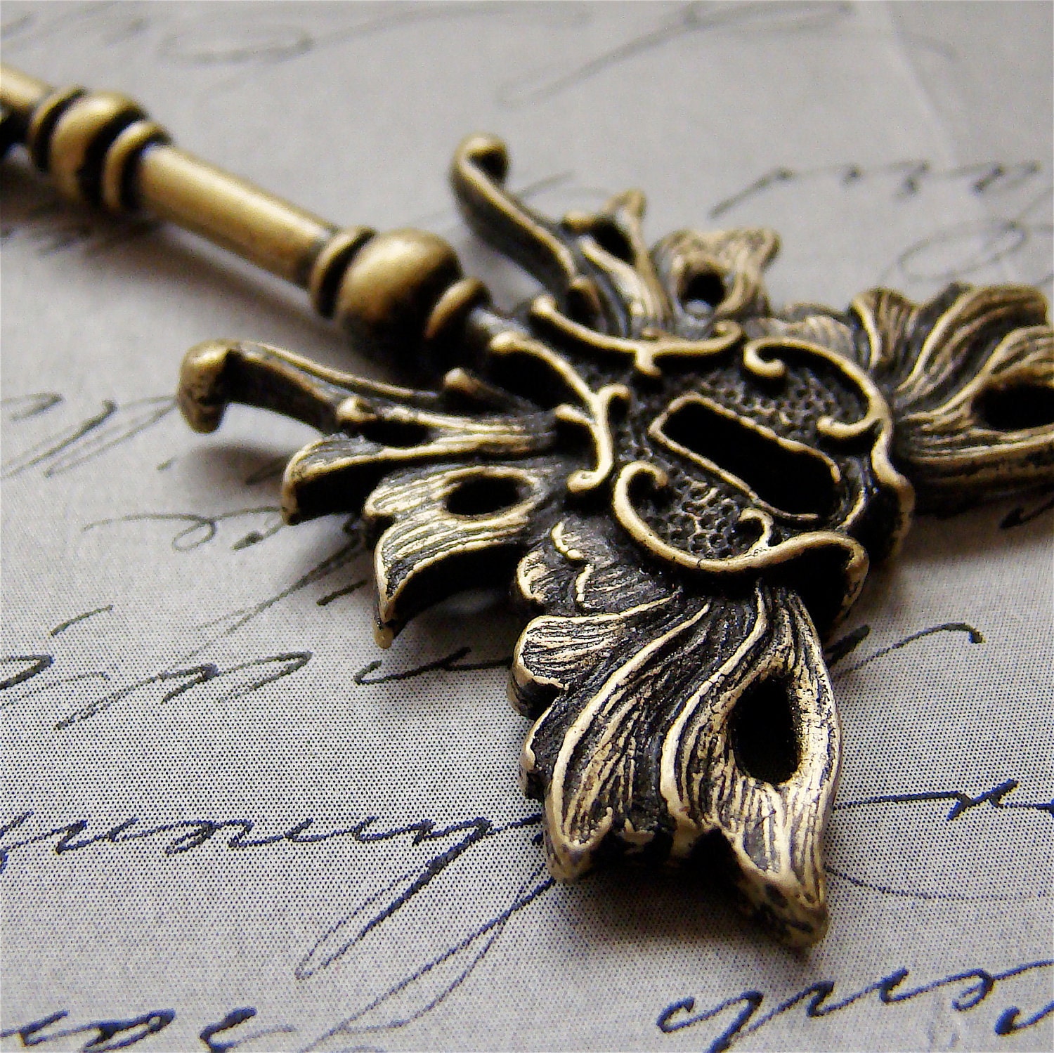 Steampunk skeleton key winged pendant Old Brass