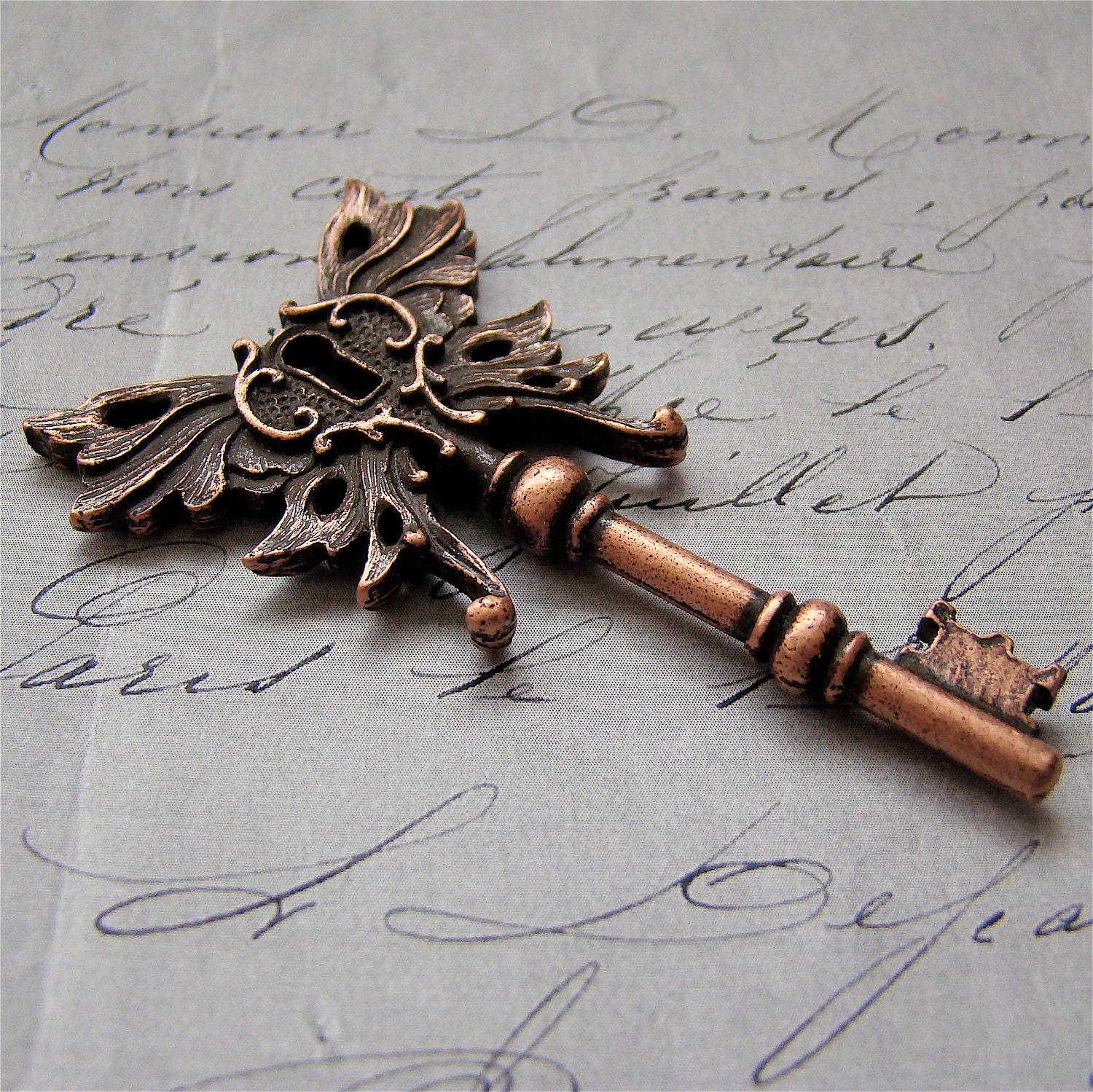 Steampunk skeleton key winged pendant Old Copper