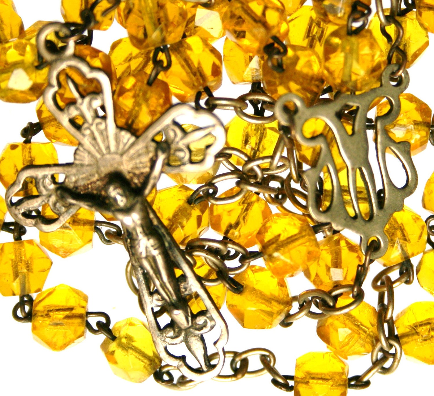 Vintage Yellow ROSARY of DEVOTION with Sterling Crucifix & Central Medal