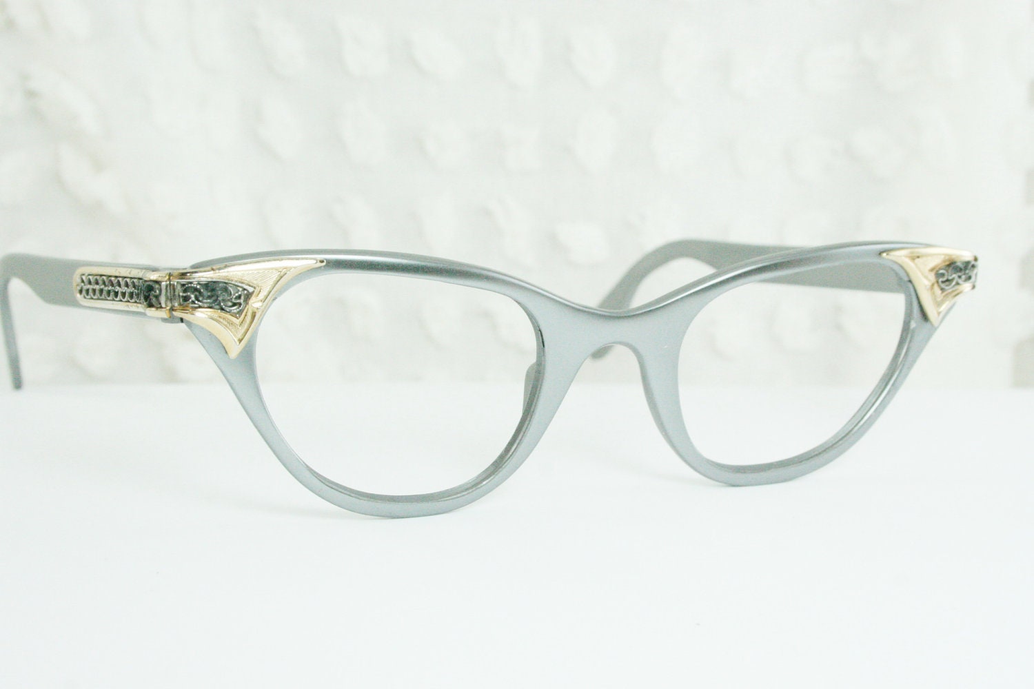Vintage Tura 50s Cat Eye Glasses 1950's Metal Eyeglasses Aluminum Silver Pewter with Gold Filigree Applique 45/24 NOS Metal Optical Frame
