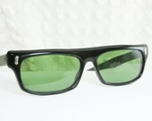Vintage 60s Sunglasses 1960's Mens Sunglass Black  Square Zyl Wayfarer Style Non Rx Green Glass Lens Japan