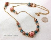 Xtra Long Necklace, Peacock Blue and Peach Crystals, Floral Ceramic and Cloisonne in Gold