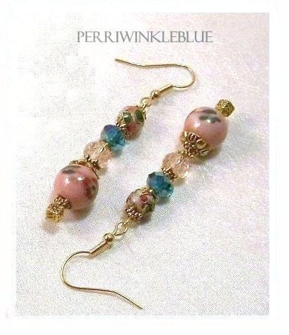 Peacock and Peach Crystals, Floral Ceramic and Cloisonne in Gold Earrings