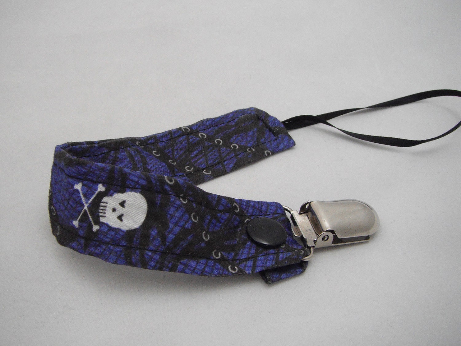 Fabric Pacifier Clip - Medium Blue Black Gothic Lace with White Skull Print - Universal Soothie Nuk Mam Gumdrop Avent