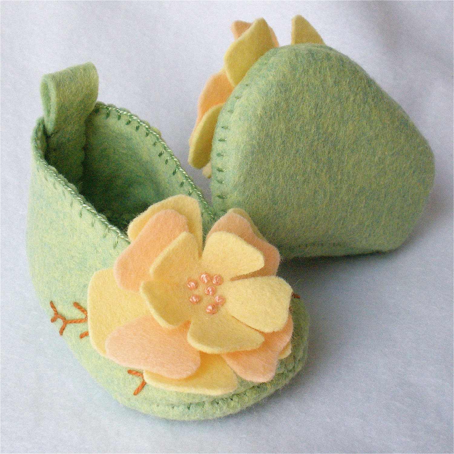 Felt Baby Booties Hand Stitched Pale Green Peach and Yellow Flower Blossoms