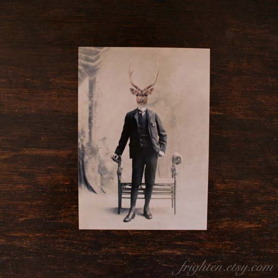 5x7 Animal Deer Art Print, Mixed Media Collage Print, Deer Boy, Altered Victorian Portrait, For Him, frighten