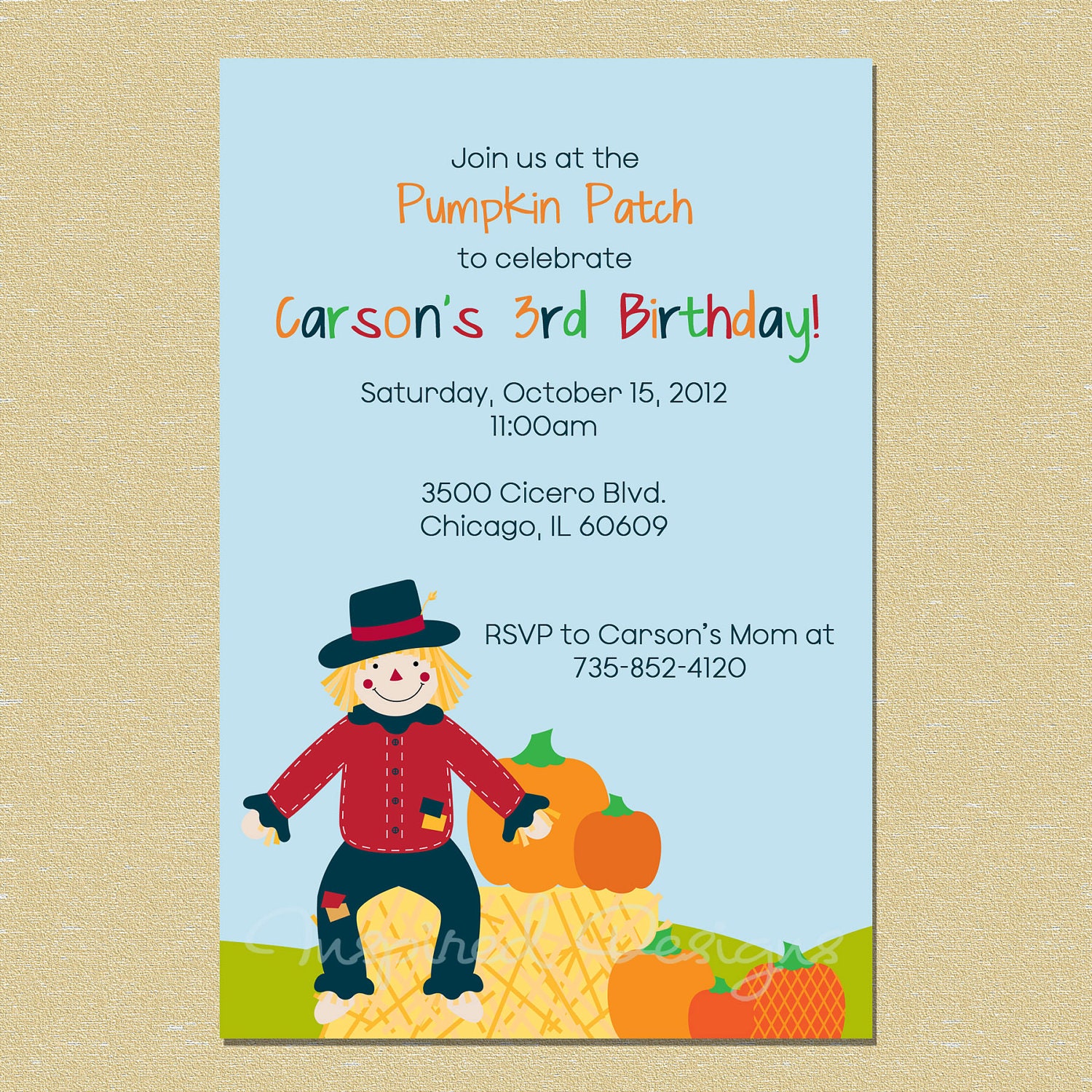 Scarecrow Pumkin Patch Birthday Invitation (Any Age - Boy or Girl - Text Customizable) Il_170x135