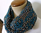 Deep Teal, Chinchilla Brown, and Lime Green Crocheted Infinity Scarf. Ships FREE in the USA